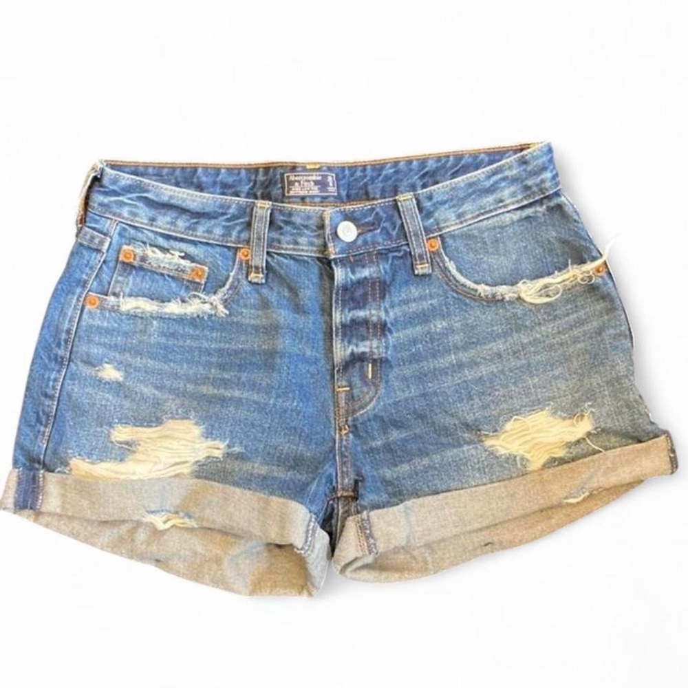 Abercrombie & Fitch Distressed Rolled-Cuff Denim Shorts - Blue